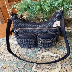 Navy Blue Patterned Crossbody Bag Adjustable Strap Multi Pocket New With Tags